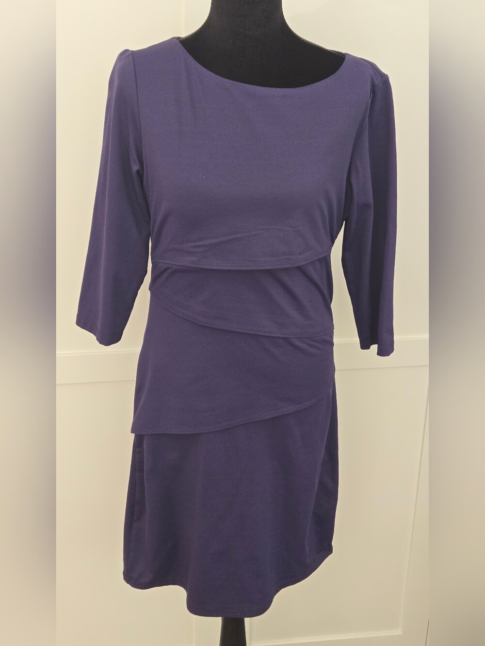 J. McLaughlin Navy Layered Tiered Sheath Dress 3/4 Sleeve Catalina Cloth Medium